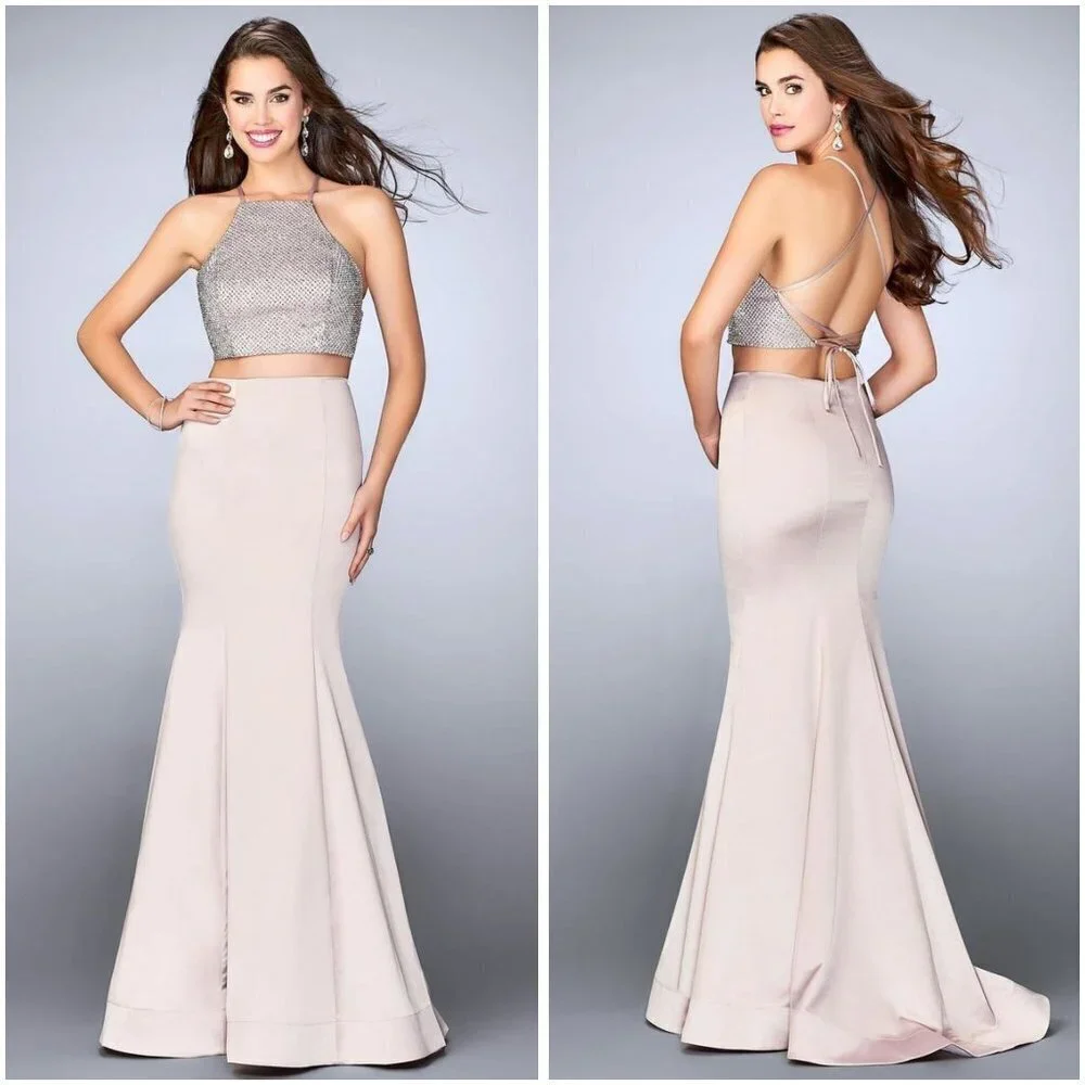 La Femme Beige Crop Top Long Mermaid Evening Gown $438 - Picture 2 of 10